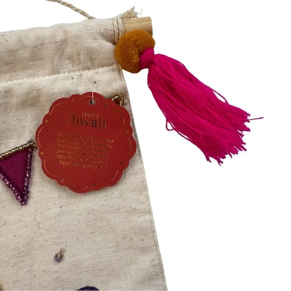 Happy Diwali Colorful Sequin Beaded Tassel Orange Pom Fringed Cotton Banner NWT